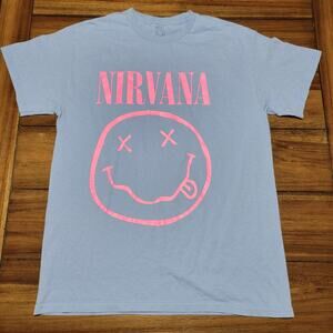 Nirvana Blue Unisex Tee Pink Face Logo - Size Medium